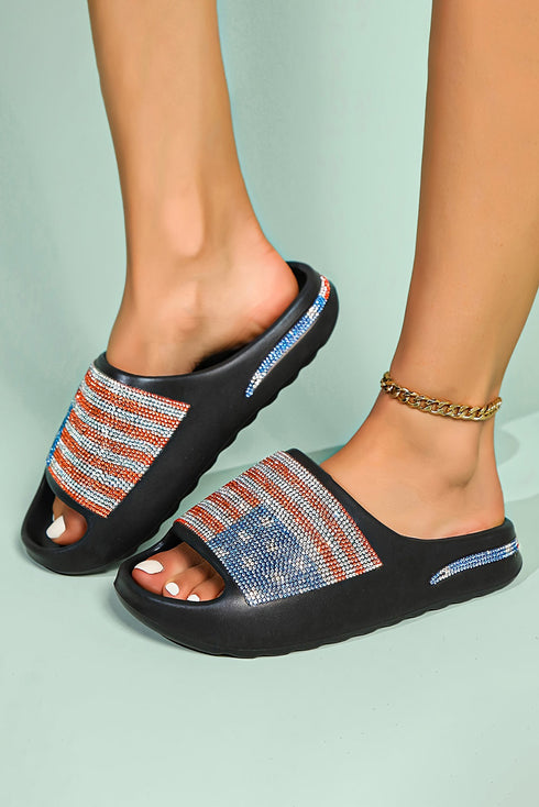Patriotic Rhinestone Star Pattern Thick Sole Slide Slippers