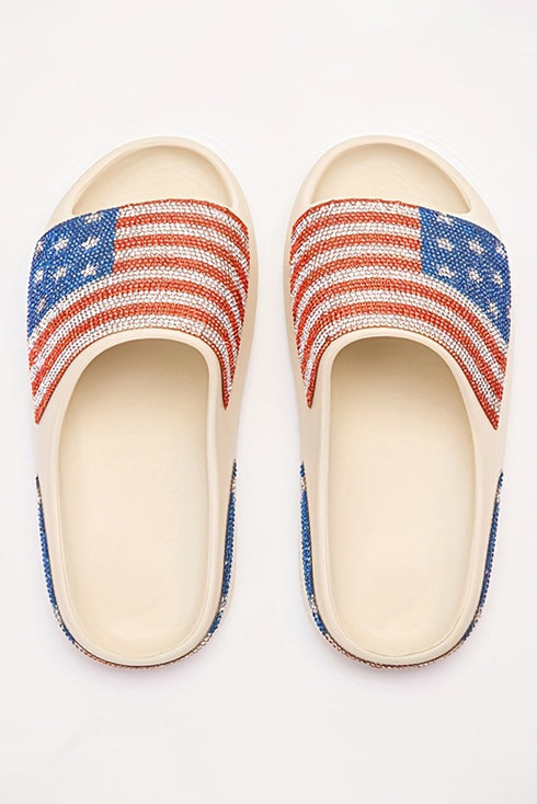 Patriotic Rhinestone Star Pattern Thick Sole Slide Slippers