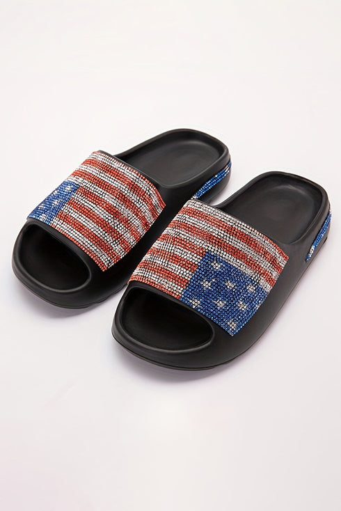 Patriotic Rhinestone Star Pattern Thick Sole Slide Slippers