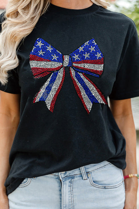 Patriotic Rhinestone Stars Stripes Bow Graphic Celebration Tee Shirt