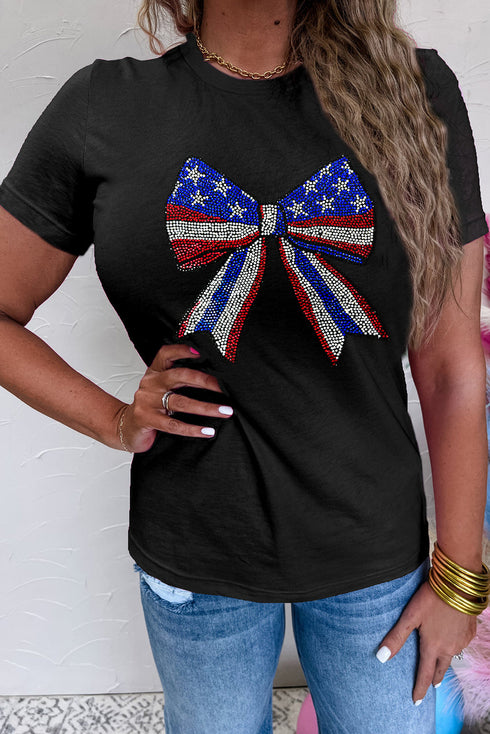 Patriotic Rhinestone Stars Stripes Bow Graphic Celebration Tee Shirt