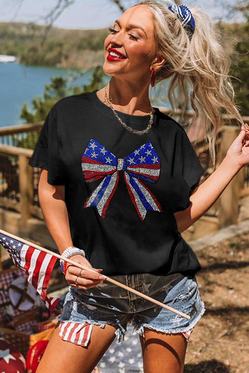 Patriotic Rhinestone Stars Stripes Bow Graphic Celebration Tee Shirt