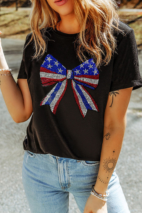 Patriotic Rhinestone Stars Stripes Bow Graphic Celebration Tee Shirt