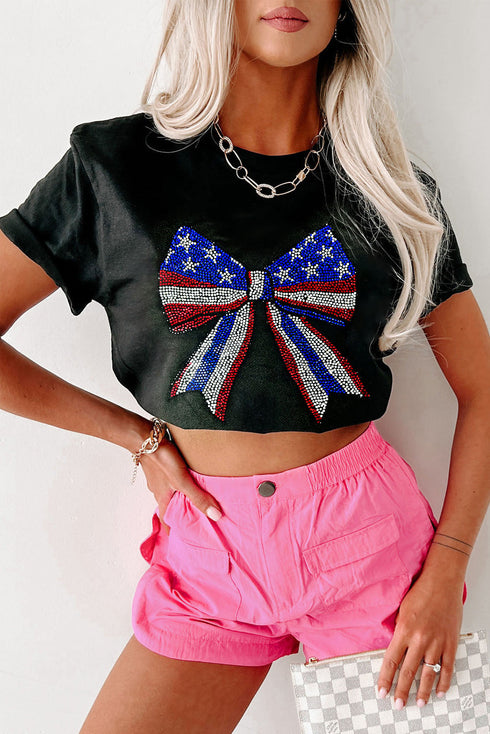 Patriotic Rhinestone Stars Stripes Bow Graphic Celebration Tee Shirt