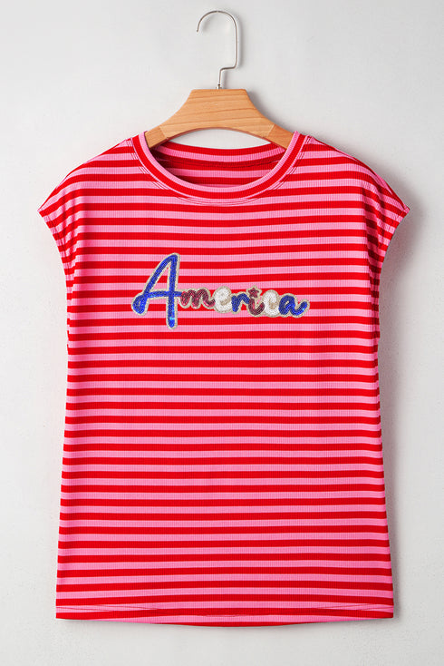 Patriotic Sequin America Letter Patched Stripe Cap Sleeve Summer Tee Top