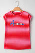 Patriotic Sequin America Letter Patched Stripe Cap Sleeve Summer Tee Top