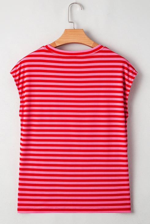 Patriotic Sequin America Letter Patched Stripe Cap Sleeve Summer Tee Top