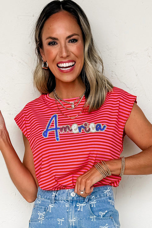 Patriotic Sequin America Letter Patched Stripe Cap Sleeve Summer Tee Top