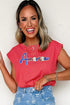Patriotic Sequin America Letter Patched Stripe Cap Sleeve Summer Tee Top