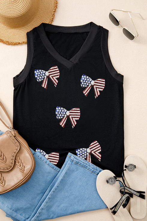 Patriotic Sequin Bow Patch V Neck Tank Top
