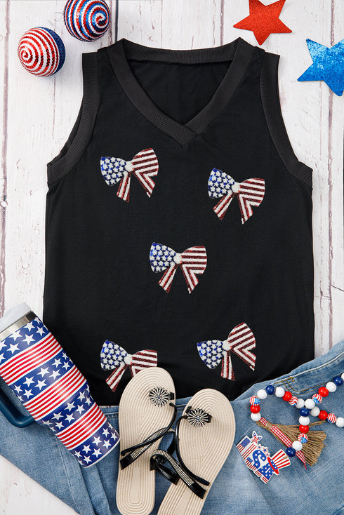 Patriotic Sequin Bow Patch V Neck Tank Top
