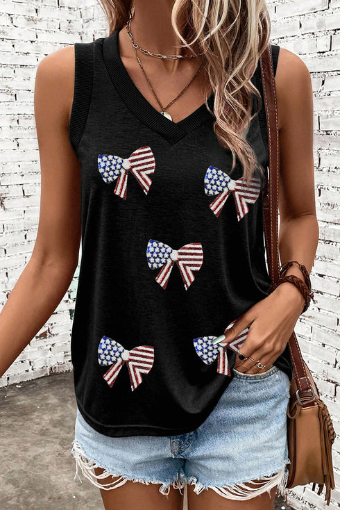 Patriotic Sequin Bow Patch V Neck Tank Top