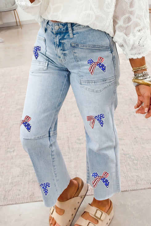 Patriotic Sequin Bow Patched Ankle Length Denim Jeans
