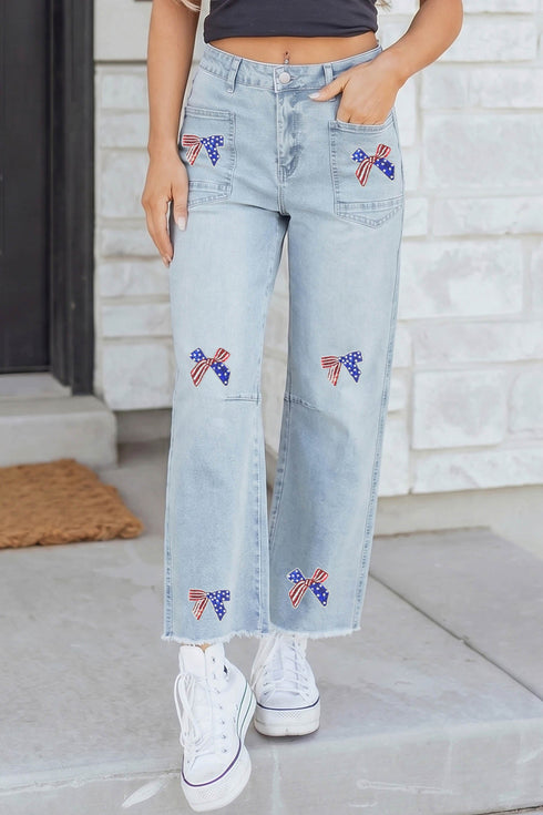 Patriotic Sequin Bow Patched Ankle Length Denim Jeans