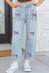 Patriotic Sequin Bow Patched Ankle Length Denim Jeans