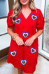Patriotic Sequin Heart Patch Textured V Neck Mini Dress