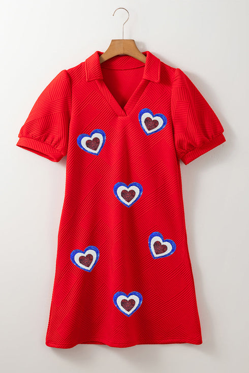 Patriotic Sequin Heart Patch Textured V Neck Mini Dress