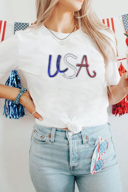 Patriotic Sequin Usa Graphic Crew Neck Short Sleeve Tee