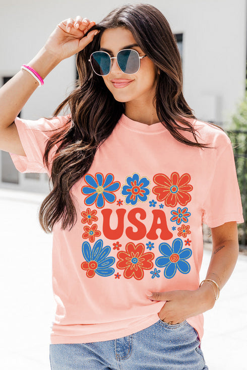 Patriotic Shimmer Flower USA Letter Graphic Celebration Tee Shirt
