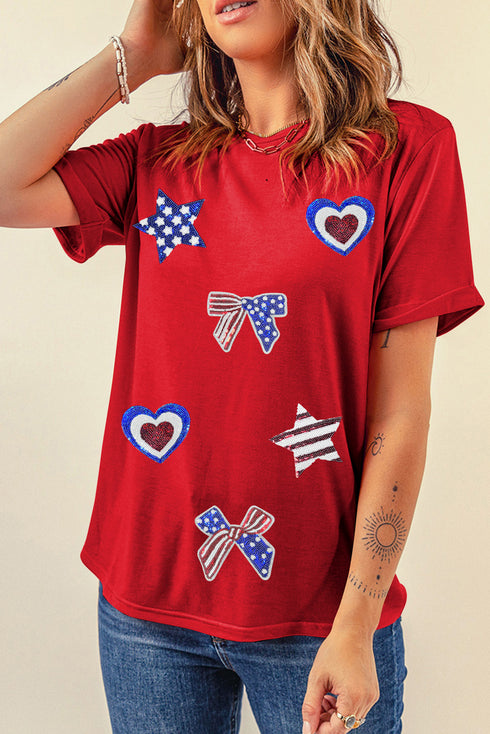 Patriotic Sparkle Sequin Bow Star And Heart Graphic Tee