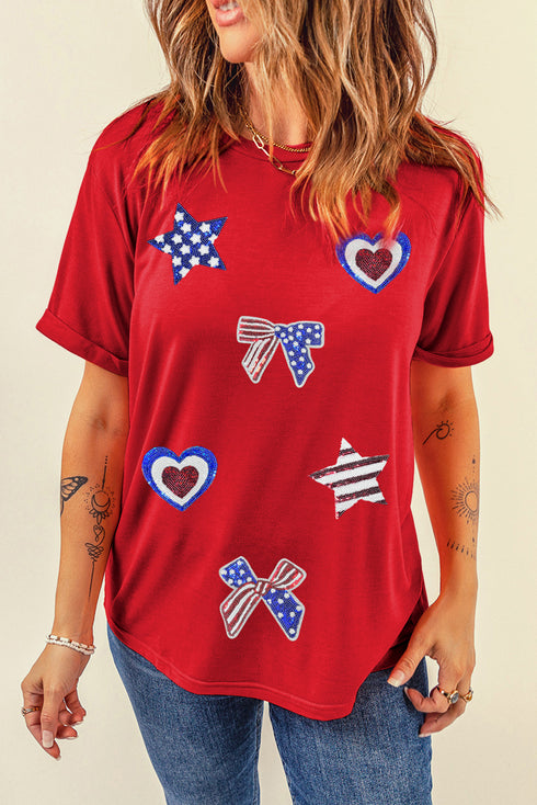 Patriotic Sparkle Sequin Bow Star And Heart Graphic Tee