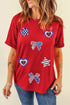 Patriotic Sparkle Sequin Bow Star And Heart Graphic Tee