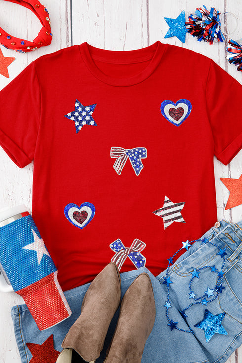 Patriotic Sparkle Sequin Bow Star And Heart Graphic Tee