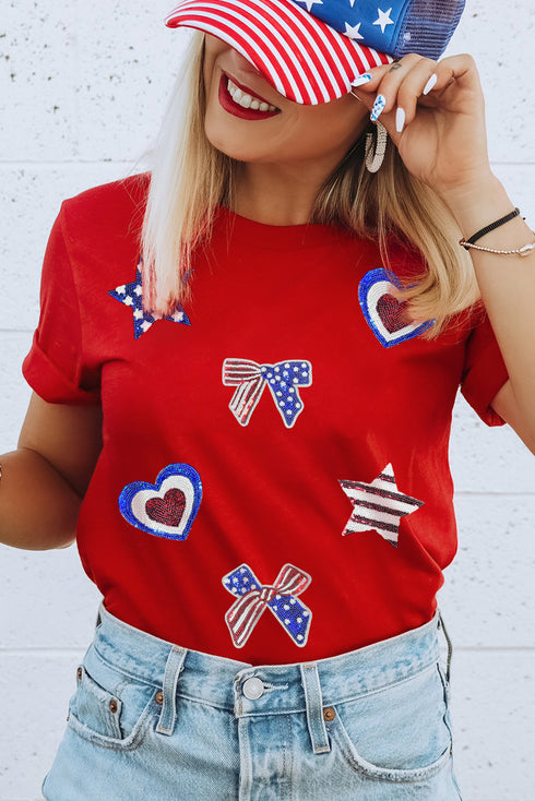 Patriotic Sparkle Sequin Bow Star And Heart Graphic Tee