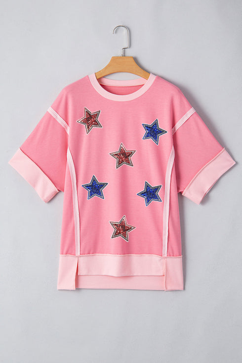 Patriotic Sparkle Star Patchwork Short Sleeve Graphic Tee Shirt