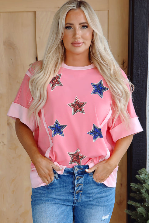 Patriotic Sparkle Star Patchwork Short Sleeve Graphic Tee Shirt