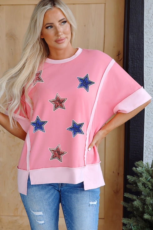 Patriotic Sparkle Star Patchwork Short Sleeve Graphic Tee Shirt