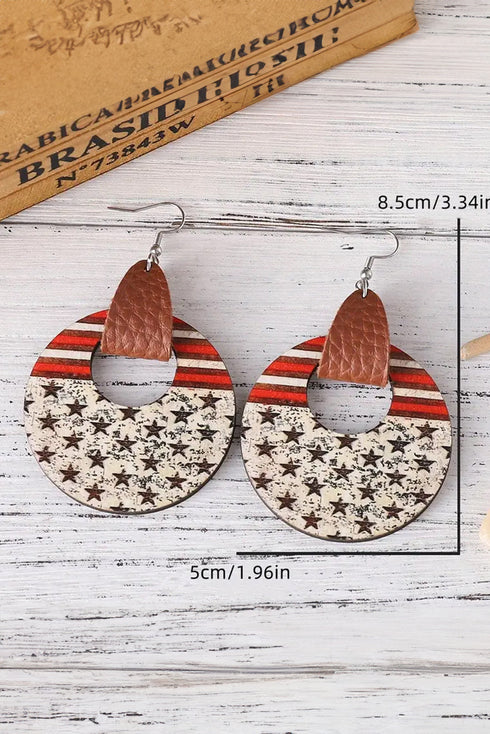 Patriotic Star And Stripe Round Wooden Dangle Earrings