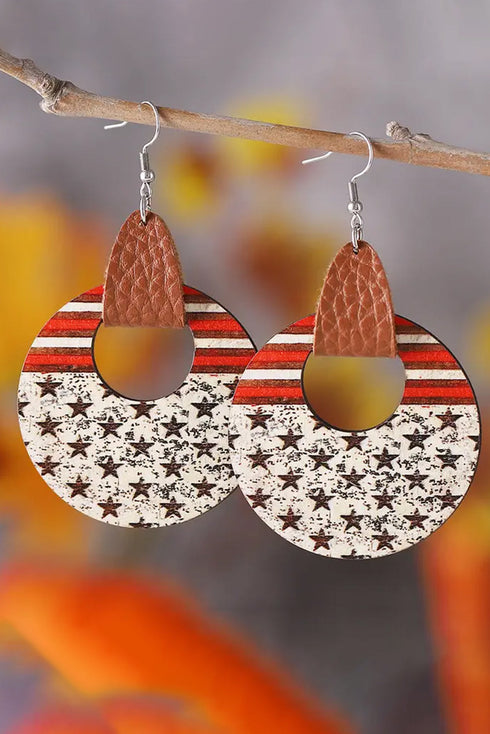 Patriotic Star And Stripe Round Wooden Dangle Earrings