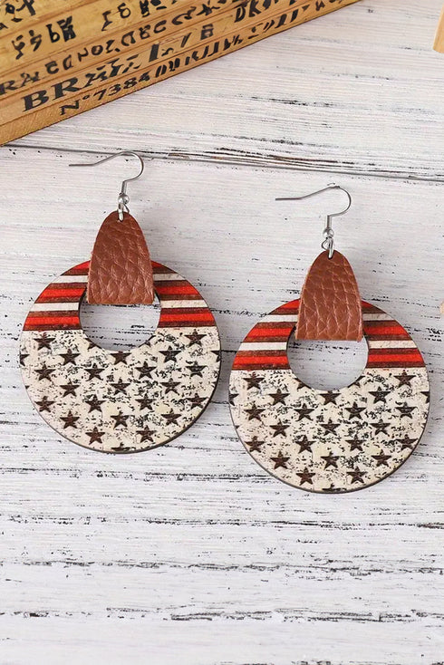 Patriotic Star And Stripe Round Wooden Dangle Earrings