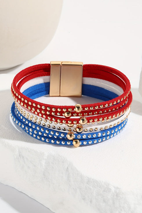 Patriotic Star Studded Multi Layer Magnetic Leather Bracelet