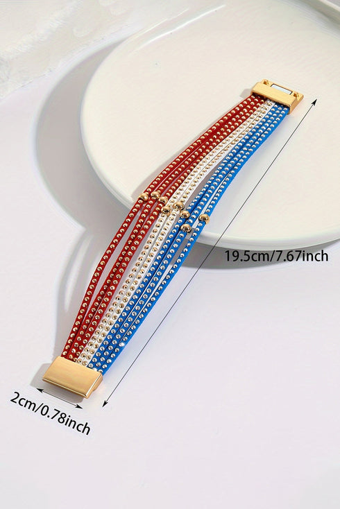 Patriotic Star Studded Multi Layer Magnetic Leather Bracelet
