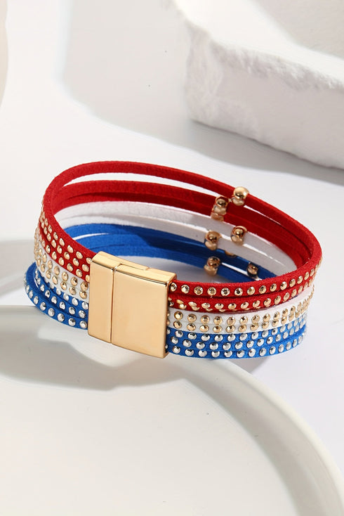 Patriotic Star Studded Multi Layer Magnetic Leather Bracelet