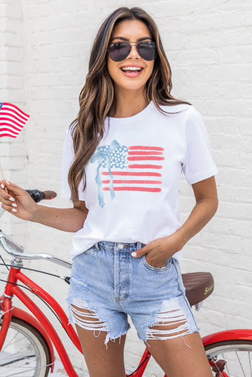 Patriotic Stars And Stripes Bow Graphic Crew Neck Tee