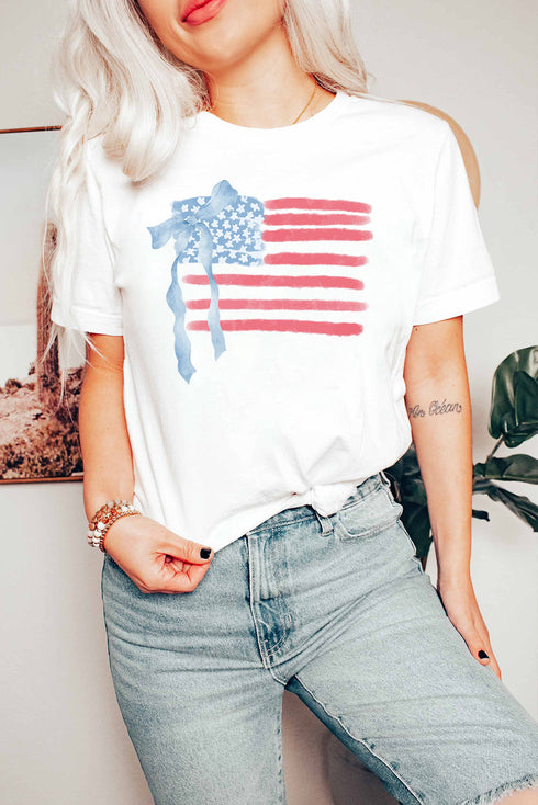 Patriotic Stars And Stripes Bow Graphic Crew Neck Tee