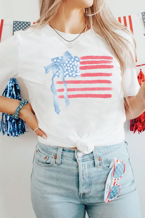Patriotic Stars And Stripes Bow Graphic Crew Neck Tee