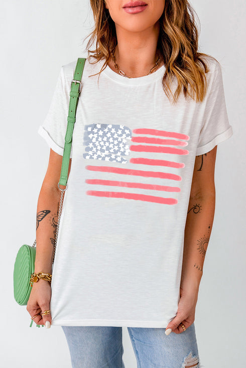Patriotic Stars And Stripes Crew Neck Short Sleeve Tee