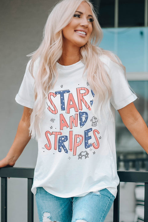 Patriotic Stars And Stripes Graphic Crew Neck Summer Celebration Tee Shirt