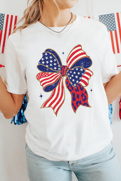 Patriotic Stars And Stripes Leopard Print Bow Graphic Tee Shirt
