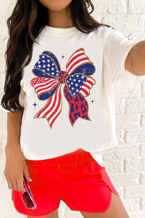 Patriotic Stars And Stripes Leopard Print Bow Graphic Tee Shirt