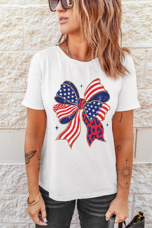 Patriotic Stars And Stripes Leopard Print Bow Graphic Tee Shirt