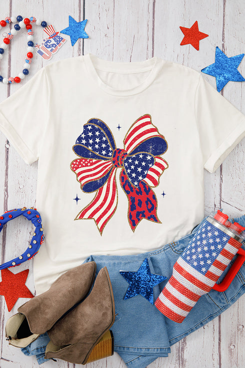 Patriotic Stars And Stripes Leopard Print Bow Graphic Tee Shirt