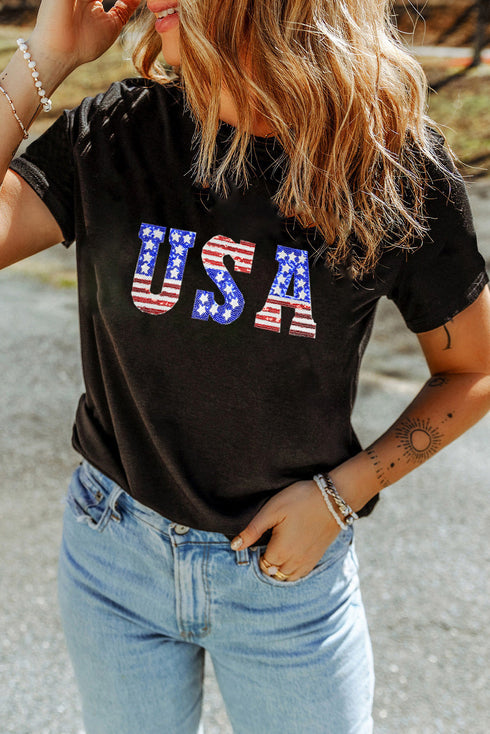 Patriotic Stars and Stripes USA Graphic Crew Neck Tee