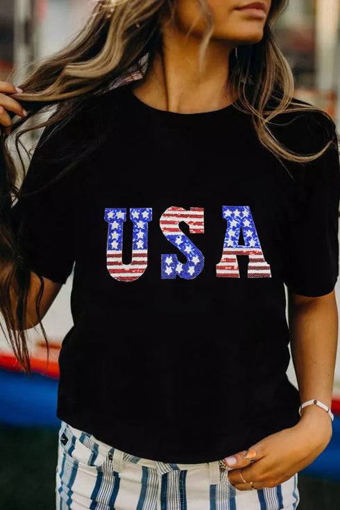 Patriotic Stars and Stripes USA Graphic Crew Neck Tee