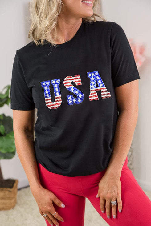 Patriotic Stars and Stripes USA Graphic Crew Neck Tee