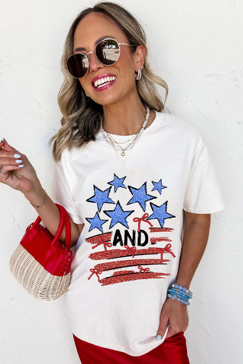 Patriotic Stars Stripes Bow Detail Graphic Summer Celebration Tee Shirt